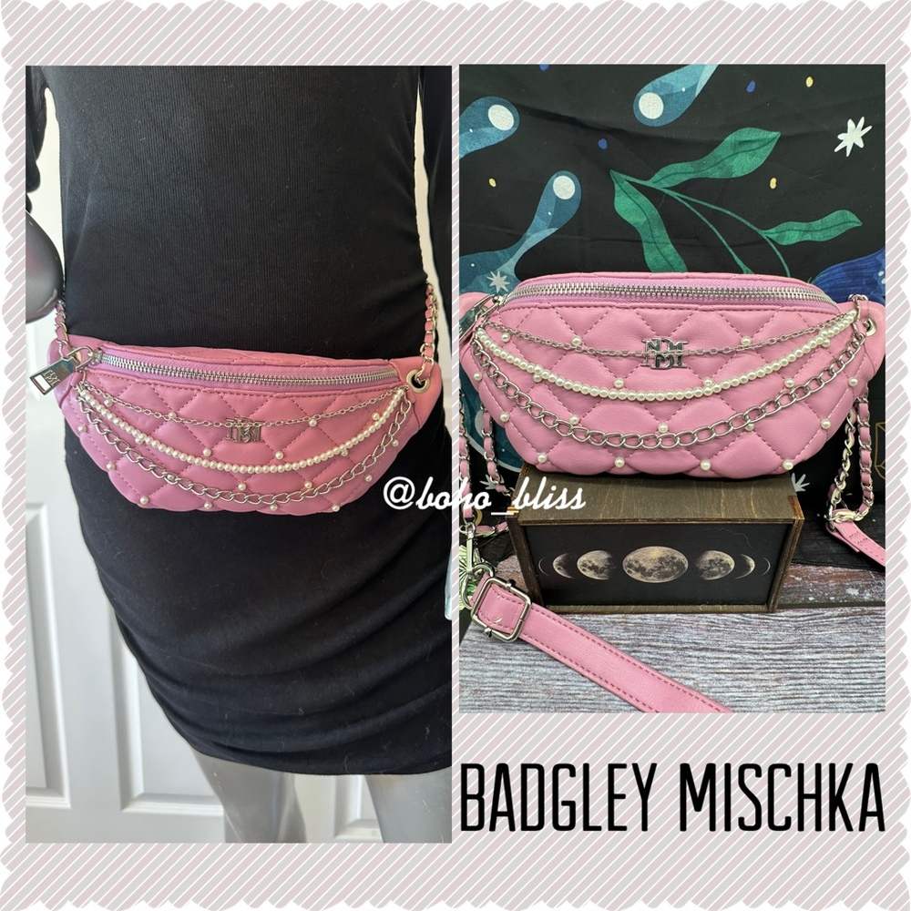 BADGLEY MISCHKA | Pink Quilted Peal and Chain Belt Bag NWT